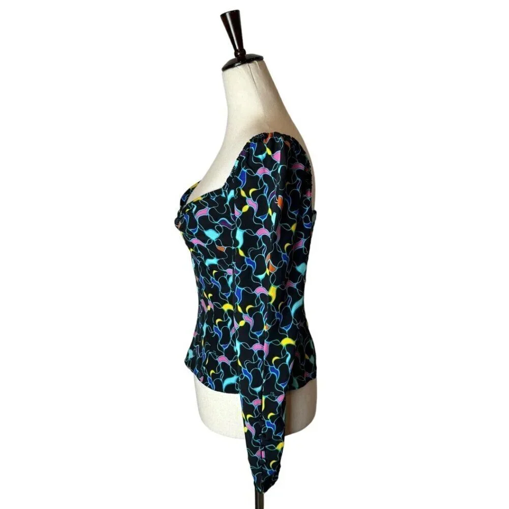 Staud‎ Josephine Top Women 6 Black Abstract Print Long Sleeve Sweetheart Neck